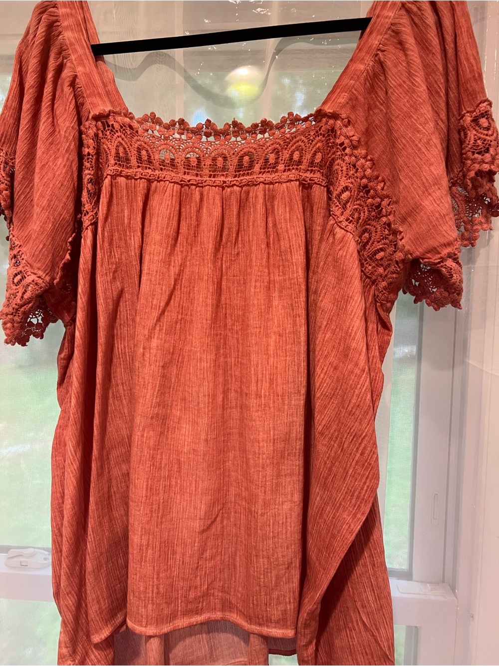 Cato Rust Crochet Yoke Short Sleeve Top